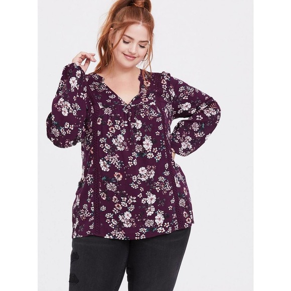 torrid Tops - Torrid Floral Relaxed Lace Challis Tunic Blouse Purple Top Plus Size 3 3X H14847
